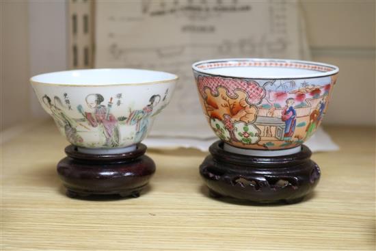 Three 18th century Chinese family rose tea bowls and two saucers, two other teabowls and three wood stands